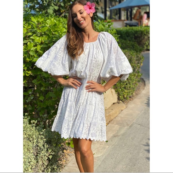 Juliet Dunn London Boho Layer Dress in Palladio Block Print White - Picture 2 of 8